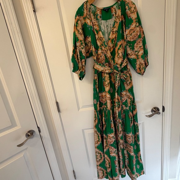Karen Millen Dresses & Skirts - Karen Millen Green Tie Dye Ikat Cotton Maxi Dress Puff Sleeve Wrap Belted US 10